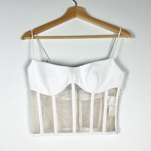 Rozie Crepe Semi Sheer Mesh Ribbed Boned Corset Camisole Tank Top White Small